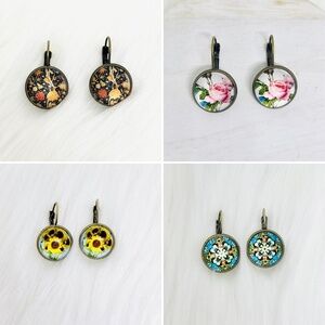 Vintage Feel Floral Print Design Earrings 4 pairs Set